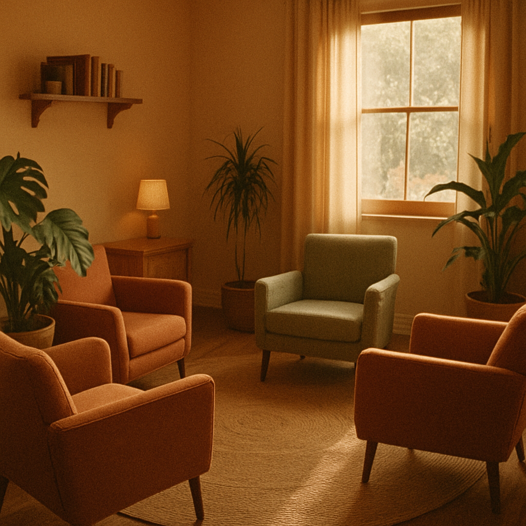 Sala da clínica Raízes com poltronas em círculo, plantas e luz natural